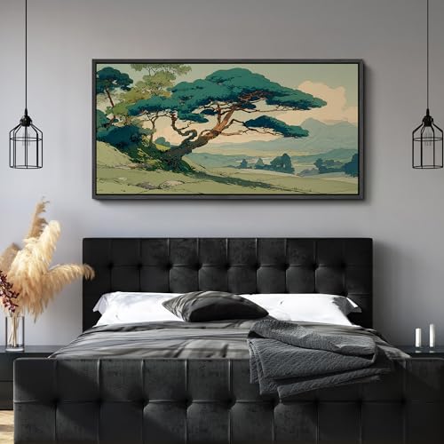 Image of MUDECOR Extra Large Framed Canvas Print Wall Art Vintage Japanese Pine Tree Landscape Oriental Antique Retro Ready to Hang Painting for Living Room Bedroom Multi-Sizes - 60 inchx30 inch