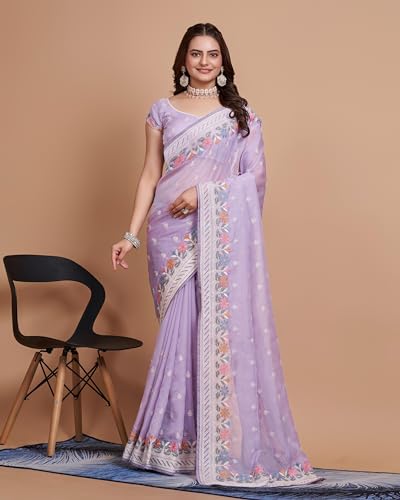 Image of VAIRAGEE Women Soft Organza Embroidery Traditional Flower Pattern Beautiful saree with unstitched blouse piece (6159)