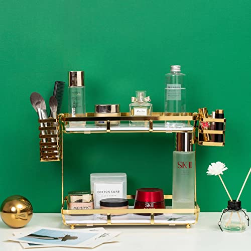 Fosenw 2-layer Golden Cosmetic Storage Rack,Bedroom Countertop Organizer Basket,Dressing Table Storage Shelf Including Lipstick and Makeup Brush Holder,Golden