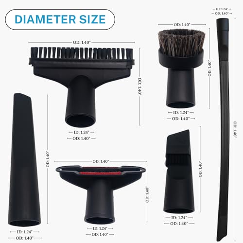 Image of Vacuum Attachments & Brushes for Shop-Vac with Hose Adapter - Vacuum Attachments Compatible with Shop-Vac Hose 2-1 /2'' & 1-1 /4'' - Horse Hair Dust Brush, Upholstery Tool, Crevice Tool and More