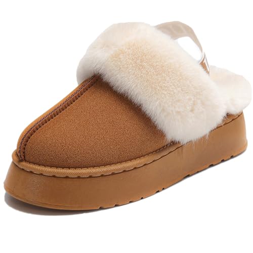 Women's Fuzzy Slippers Plush Lining Platform Slipper Slip on Fluffy Boots with Elastic Band Winter House Shoes Indoor and Outdoor