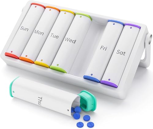 KOVIUU   Organizador semanal de pastillas 2 veces al día, pastillero grande de viaje para 7 días, pastillero dos veces al día con mango giratorio, contenedor para vitaminas, medicamentos, suplementos