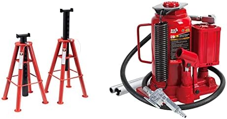 Sunex 1410 10-Ton, High Height, Pin Type, Jack Stands, Pair & Big RED TA92006 Torin Pneumatic Air Hydraulic Bottle Jack with Manual Hand Pump, 20 Ton (40,000 lb) Capacity, Red