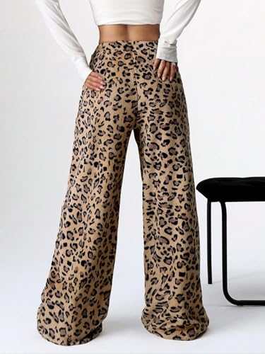 Women Leopard Print Fuzzy Pajama Pants Casual Cozy Drawstring Wide Leg Pants3