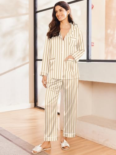 Image of Ekouaer Pajamas for Women Silk Satin Button Down Long Sleeve Pajama Sets
