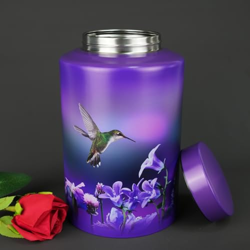 Image of Large Purple Metal Cremation Urns for Human Ashes, for Adult Female | 220 lbs Capacity, Hummingbird Design, Sealing Well & Durable & Waterproof, Stainless Steel, Funeral Women Ash Keepsake