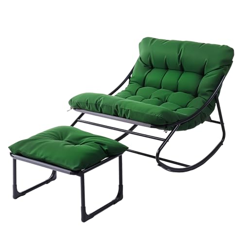 Bonnlo Sillón Mecedora para Exterior con Reposapiés, Butaca Relax Resistente a UV y Lluvia, Balanceo Suave 45°, Verde Oscuro
