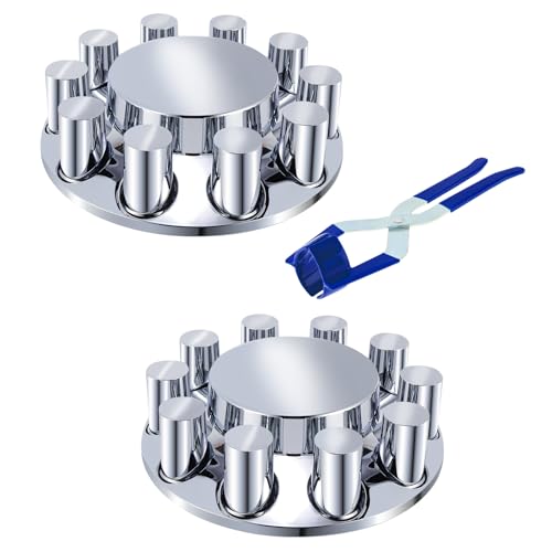 Image of ABS Chrome Plastic Front Axle Cover Kits with 33mm Thread-on Flange Nut Covers for Semi Trucks in Pairs, Flat Top Set(Front *2)