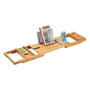 SortWise Bamboo Bathtub Caddy Tray, with Extending Sides and Integrated Tablet, Smartphone, Wine, Book Holders