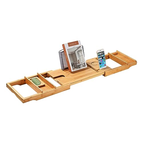 SortWise Bamboo Bathtub Caddy Tray, with Extending Sides and Integrated Tablet, Smartphone, Wine, Book Holders