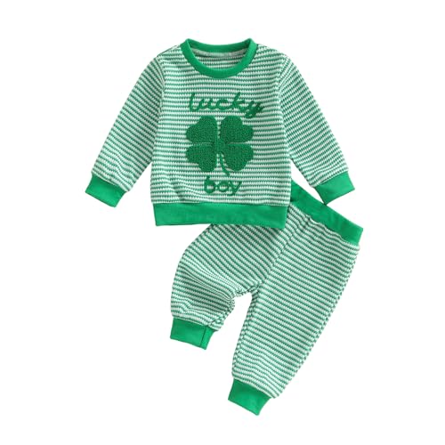 Image of Toddler Baby Boy St Patricks Day Outfit Infant Lucky Clover Sweatshirt Pants Set Little Kids Spring Warm Clothes