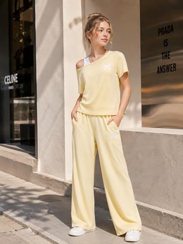 Image of Teen Girls Clothes Off the Shoulder Top and Wide Leg Pants Matching Outfit Set with Pockets Size 7-16