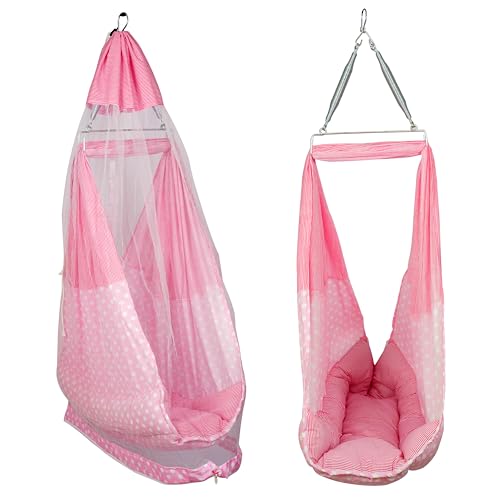 Image of Little chime window cradle hanger with bassinet with bed, pillow, mosquito net, Cotton, Pink