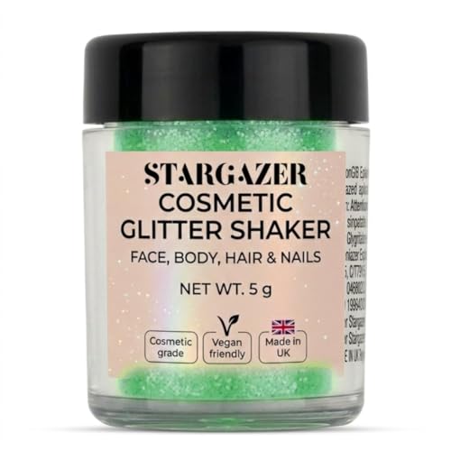 Stargazer Chunky Glitter Shaker, UV Green. Cosmetic glitter for use on the eyes, lips, face, body, hair and nails.