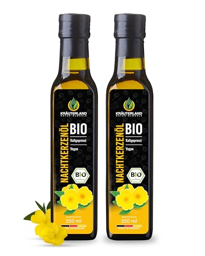 Kräuterland Bio Nachtkerzenöl 2X250ml (500ml) Bio Nachtkerzensamen Kaltgepresst naturrein ohne Zusatzstoffe Vegan & GVO-frei geeignet für Kosmetik Premium Qualität