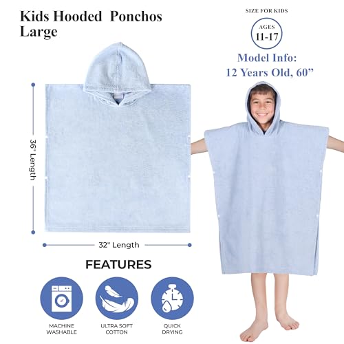 Image of Superior Kids Cotton Terry Poncho, Soft, Absorbent Bath Towel with Hood, Bathroom Accessories, Long, Plush Bathrobes for Bath, Shower, Spa, Resort, Hotel, Beach, Pool, Boy, Girl, Large Size, Blue