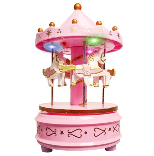 WEofferwhatYOUwant Carousel Music Box Pink - Classic Horse Merry Go Round with Colorful LED Lights - Plays Beethoven's Für Elise - Easy Wind Long Play Time - Birthday Cake Topper Girls Boys