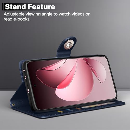 Image of Pikkme Flip Cover Leather Finish | Inside TPU with Card Pockets | Wallet Stand and Shock Proof | Complete Protection Button Flip Case for Oppo Reno 13 Pro 5G(Blue)