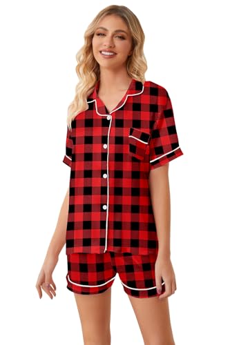 Image of Schbbbta Pajamas for Women, Satin Silky Pjs 2 Pcs Set Button-Up Short Sleeve with Chest Pocket Christmas Sleepwear Soft Loungewear, Red Black Plaid, X-Small