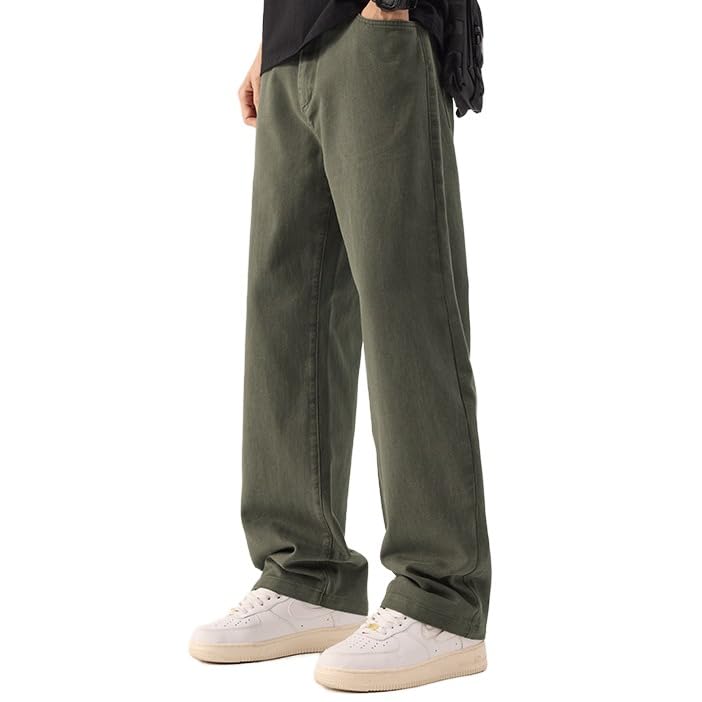 Men's Summer Casual Solid Color Button Zipper Placket Cotton Elastic Waist Wide Leg Jeans