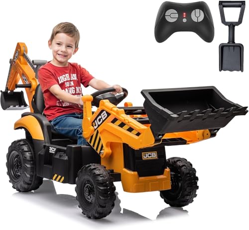 24V JCB Ride on Excavator, Ride on Toys for Big Kids with Remote Control,Ride on Backhoe Digger w/Tractor, Bulldozer, Ride on Car with Slow Start/Stop, Adjustable Speeds (Excavator, Yellow)