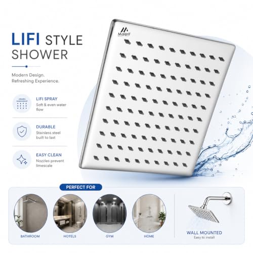 Image of Maipo Curve 4 Inch Square Rain Shower Head, Stainless Steel (SS) High Pressure Overhead Bathroom Shower Head, Chrome Finish, Anti-Clog Silicone Nozzles, Easy Installation