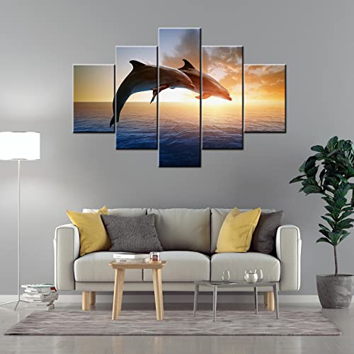 Fish Artwork For Walls Portraits Of Dolphin Pictures Marine Sunset Paintings For Living Room 5 Panel Printed On Canvas Undersea Animal Wall Art Home Decor Stretched Framed Ready To Hang(60''Wx 40''H) #TOP2