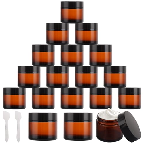 LOPYXBR 18 Pcs Amber Glass Jars 60ml/2oz, Small Glass Jars with Lids for Face Cream, Travel Pots for Toiletries 60mls with Spatulas, 60ml Amber Glasses Cosmetic Containers for Cosmetic Lotion Cream