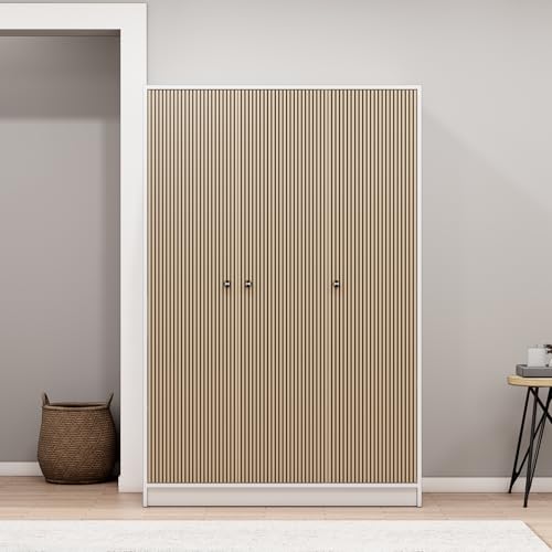 Image of Bniture Luxe 3 Door Wardrobe for Bedroom with Lockable Drawer & Hanging Space | Almirah for Clothes with Vertical Slatted Panels, Spacious Storage Cupboard with 7 Shelves | Frosty White & Giant Wood