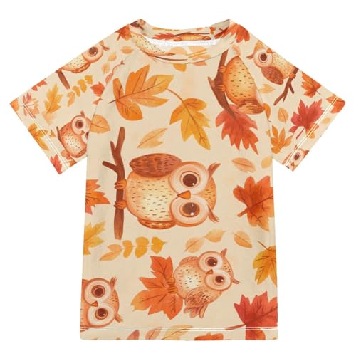Boys Short Sleeve T-Shirts Owl Autumn Bird Rashguard Kids Swim Shirts Sun UPF 50+ Multicoloured