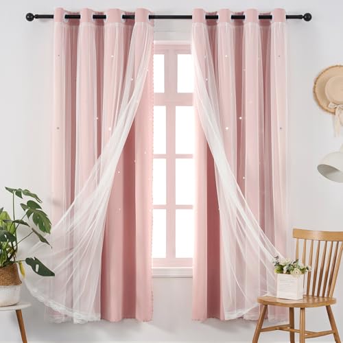 Image of Light Pink Curtains Blackout for Girls Bedroom - Aesthetic Star Cutout Double Layer with White Sheer Overlay, 63 Inch Length 1 Panel Cute Curtain Baby Nursery Toddler Room Decor Drapes