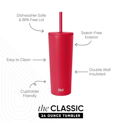 Image of Simple Modern Insulated Tumbler with Lid and Straw | Iced Coffee Cup Reusable Stainless Steel Water Bottle Travel Mug | Gifts for Women Men Her Him | Classic Collection | 24oz | Ember Red