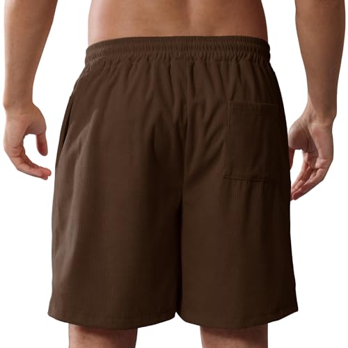 Image of Mens Corduroy Shorts Cotton Blend Lightweight Soft Summer Shorts Elastic Waist Beach Casual Short for Men with Pockets