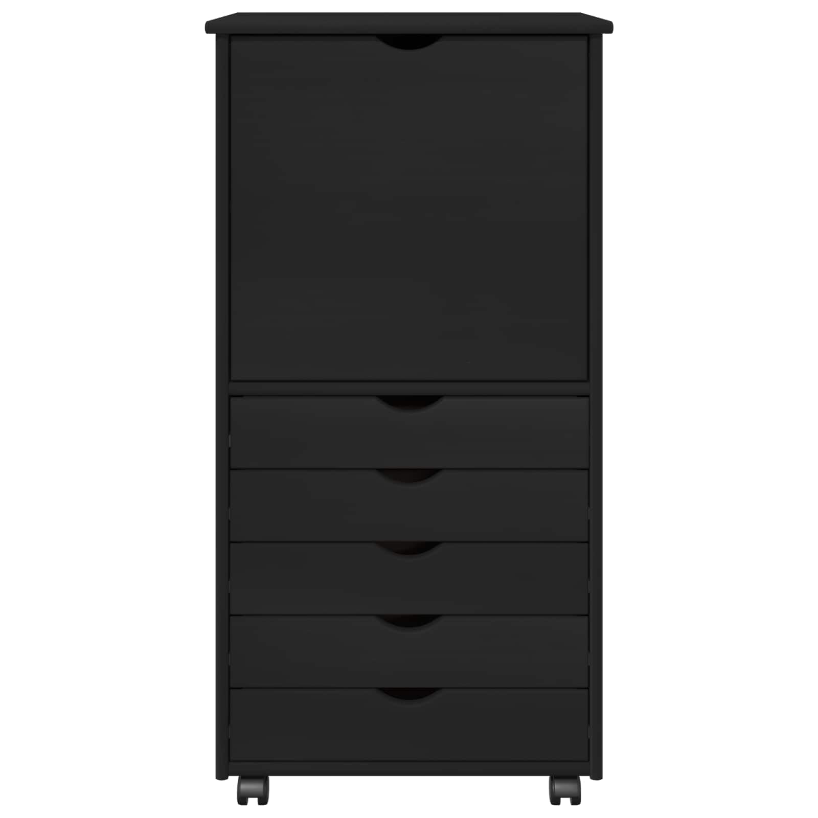 Armario con ruedas negro de madera maciza de pino 53 x 39 x 103 cm con 5 cajones y estante para oficina, hogar, pasillo, almacén