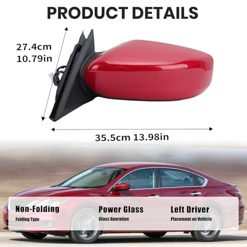 Left Driver Red Side Mirror Compatible with Nissan Altima 2013-2018 Sedan Power Glass/Non-Folding/Non-Heated Door Mirrors Outside Rear View Mirror Replace# 963023TH0A by VANLOGY - Used condition - Image 5
