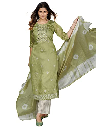 Image of Vbuyz Women's Printed & Embroidered Straight Cotton Stitched Kurta With Dupatta