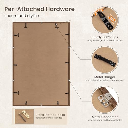 Image of FLYJOE 27x40 Oak Wood Picture Frame with Mat for 24x36, 27 by 40 USA-Sourced Natural Solid Wooden Poster Frame for Wall Display, Tempered Real Glass, Hanging Hardware Included, 1 Pack, Walnut Color