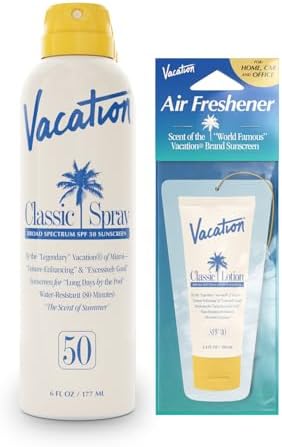 Vacation Classic Spray Sunscreen SPF 50 + Air Freshener Bundle, Broad Spectrum Sunscreen Spray, Vegan Sunblock Spray, Body Spray with SPF, Spray Sunscreen SPF 50, 6 fl. Oz.