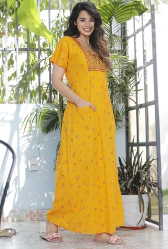 Image of DIAMO Pure Cotton Embroidery Nighty for Women, Cotton Night Gown, Night Maxi Gown, Cotton Nighty with a Pocket and Adjustable Knot