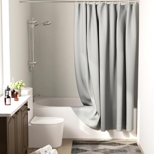Image of Encasa XO Shower Curtain Waterproof | ZZ Light Grey Bathroom Curtains for Women & Men with 10 Hooks | Easy Installation | Quick-Drying Curtains | (183x183 cm)
