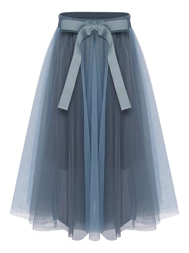 FEESHOW Kids Girls Color Block High Waist Long Tutu Skirt Knee Length Tulle Layered Party Princess Skirt Casual Wear