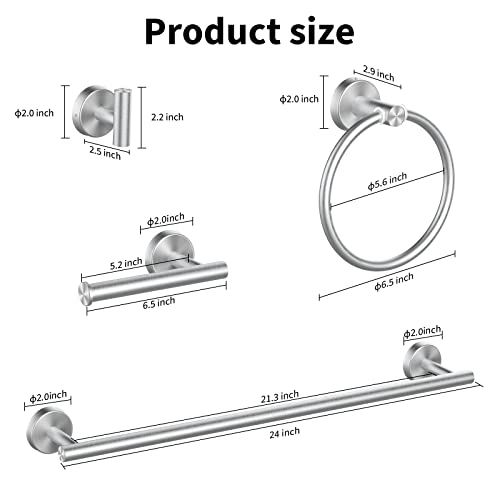 Cilee 8 Piece Brushed Nickel Bathroom Hardware Set, 24inch Bathroom Towel bar+Towel Ring+Toilet Paper Holder+ Robe Towel Hook, SUS304 Stainless Steel Bathroom Accessory Set - Image 6