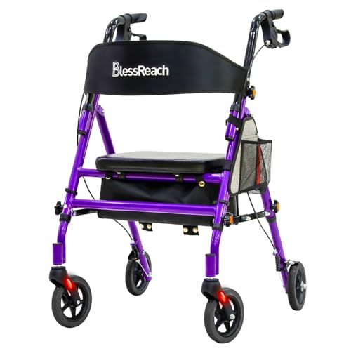 BlessReach Lightweight Foldable Rollator Walkers with Seat for Seniors, 350 lb Capacity, 5-Position Adjustable Height, Premium Hybrid Rolling Walker - Aluminum and Carbon Steel (Purple)