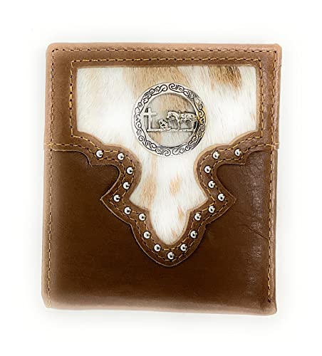 Western Genuine Tooled Leather Cowhide Praying Cowboy Men's Bifold Short Wallet in 3 Colors (Brown)