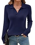 Romanstii Women's Knitted Polo Sweaters Long Sleeve V Neck Collared Shirts Winter Pullover Tops,Navy Blue,L
