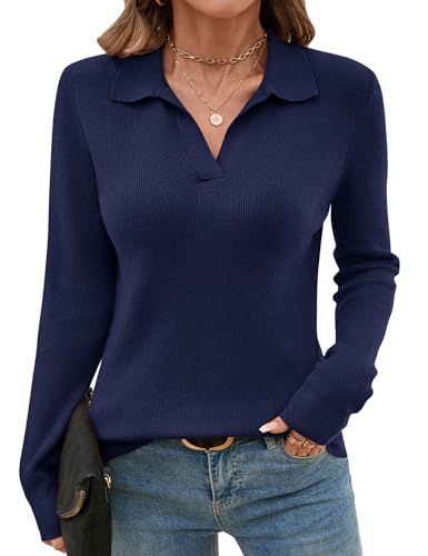 Romanstii Women's Knitted Polo Sweaters Long Sleeve V Neck Collared