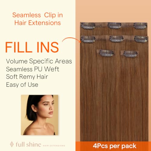 Image of Full Shine Copper Clip in Hair Extensions, Straight Human Hair | Clip in Hair Extensions, 18 Inch 85g 4 Pcs, Part Line Coverage, Easy to Blend, Weekend Party, Shoulder-Length Hair