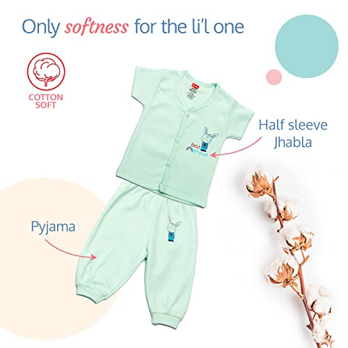Image of LuvLap Newborn Baby Gift Set of 13, 2 Half Sleeve Jhabla, 2 Rompers, 2 Pyjama, Cap, Mittens, Socks, a washcloth, a Hooded Wrapper, 2 Bibs, Soft Skin Friendly Baby Clothes Set 0-3 Months, Sea Green