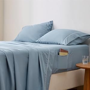 Bedsure Queen Sheet Set – Soft & Convenient 4 pcs Bedding Sheets, Blue Peachskin Sheets and Pillowcase Sets, Breathable Wrinkle Deep Pocket Sheet with Side Pocket, Fade-Resistant, Easy Care