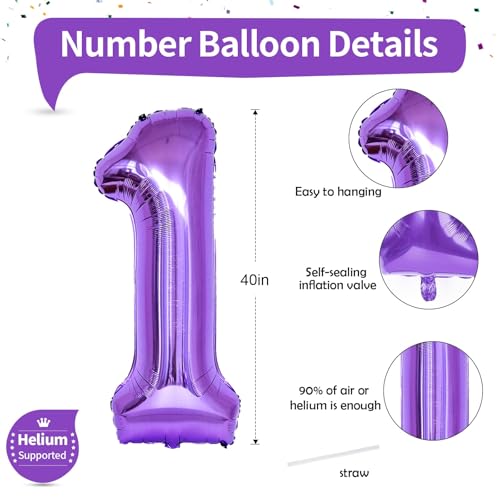 Image of Purple 1 Balloon Number for Girls 1st Girls Birthday, 40 Inch Large Number Foil Balloons, Foil Helium for Women 31 Years Old Birthday Party Anniversary Graduation Party Decoration Kids Supplies